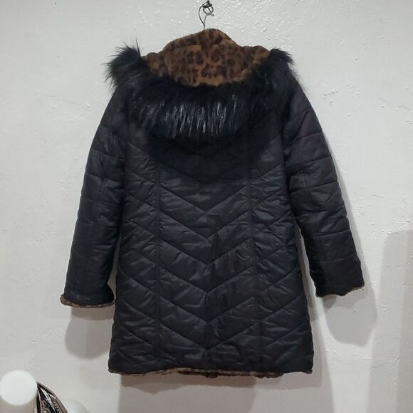Reversible Dennis Basso Coat - Black Puffer & Faux Fur Leapord Print Size XXS - Picture 10 of 16